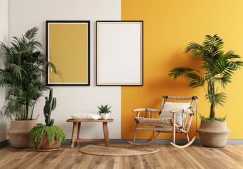 Fototapeta premium Beige and mustard yellow wall with two poster frames, wooden rocking chair, potted plants, woven side table in living room interior design