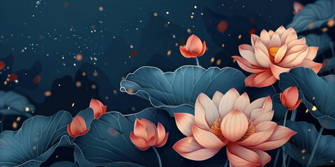 Starlit Night Pink Lotus Flowers Blooming in the Dark Blue Sky Amongst Twinkling Stars