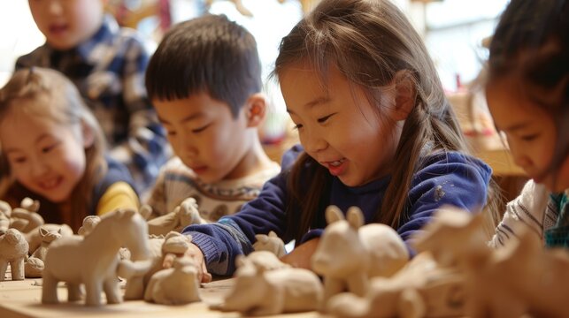 A group of children enthusiastically work together to shape pieces of clay into various animal figures..
