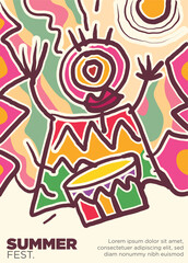 sun dance of primitive percusiion concept. abstract prehistoric images reggae festival template poster vector illustration.