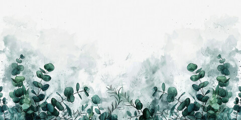 Green Plants Watercolor Illustration on White Background with Copy Space for Text in Natural Style