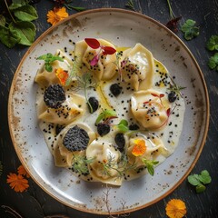 Crab Dumplings, Seafood Ravioli with Sour Cream Sauce and Black Truffle Top View on Dark Leaves