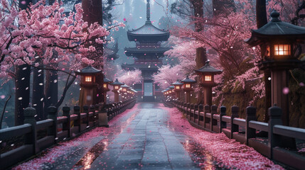 Enchanting cherry blossom avenue, with delicate petals falling gently around a traditional Japanese...