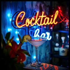 Stickers Bar A neon sign for a cocktail bar with a glass of cocktail drink on a table  © Q77photo