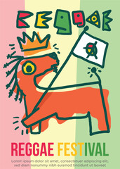 lion reggae king holding peace flag. abstract prehistoric images reggae festival template poster vector illustration.