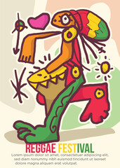 rastafari dreadlock reggaeman playing percussion concept. abstract prehistoric images reggae festival template poster vecotr illustration.