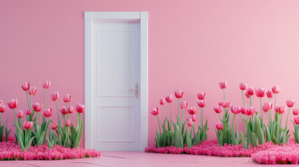 A white door opens on a pink wall background, with many tulips, with a copy space concept rendered...
