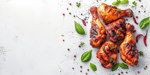 Grilled Chicken Legs with Herbs and Spices on White Background, Top View, Flat Lay, Copy Space