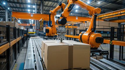 Robotic Arms Moving Boxes on a Conveyor Belt
