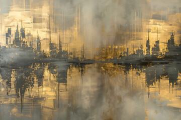 Abstract urban skyline in shimmering gold and dark hues, gold and gray abstract interior painting