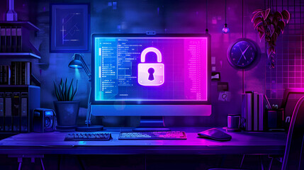 Black background, desktop computer with lock symbol on the screen, purple and blue lighting effects, vector illustration style