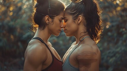 Photo of heavy facial stubble Two beautiful brunette women kissing biceps muscle Women centered around candid, full-body images. Each person has a different face, age, hair, and body First person