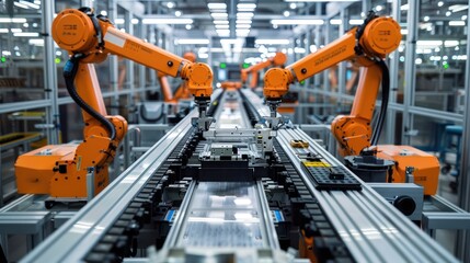 Robotic Arms on Conveyor Belt in Factory
