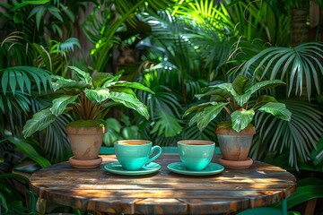 Fototapeta na wymiar Two cups of coffee on a table in a lush garden