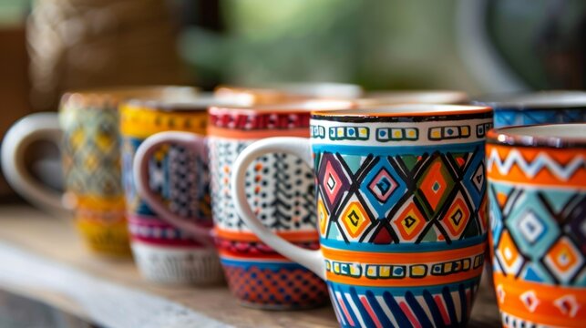 A colorful set of mugs with a handpainted rim using the Mishima technique featuring intricate geometric designs in vibrant hues..
