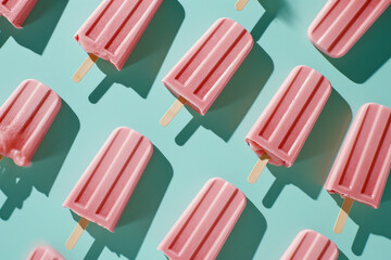 Assorted pink popsicles on a vibrant blue background with a light blue backdrop, top view, flat lay