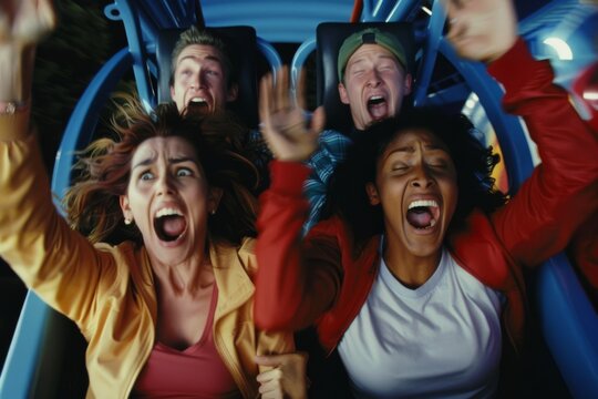People riding down a roller coaster with thrilled and excited look in their faces