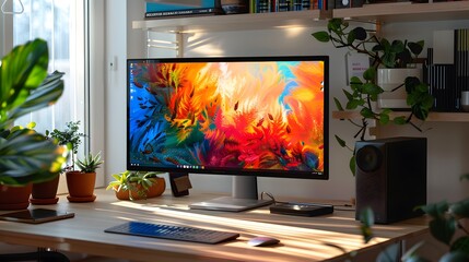 a creative digital workspace with a high-resolution monitor showcasing colorful artwork, complemented by a minimalist desk setup and creative tools.