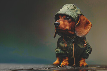 A charming dachshund puppy stands in a puddle on the sidewalk in a green raincoat against solid green  the background