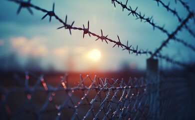 Barbed wire against the sky, World Refugee Day Concept, freedom escape secure - Powered by Adobe