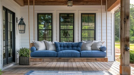 Modern farmhouse front porch with wood ceiling and blue swing, white walls, and contemporary architecture. Showcasing stylish rural living, serene outdoor space, and inviting home design elements.