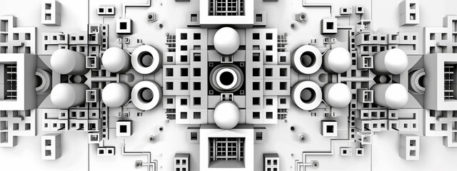 Monochrome 3d digital art with various geometric shapes such as cylinders. High angle view. White background.