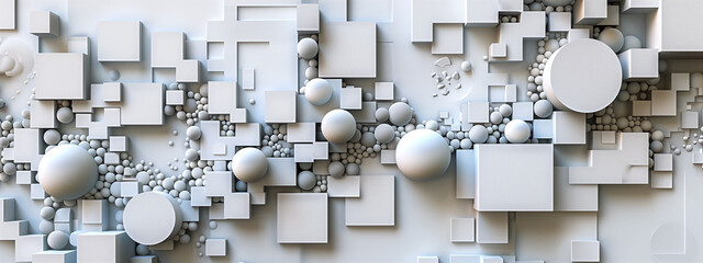 Monochrome digital art with 3d cubes, spheres and other shapes. White background.
