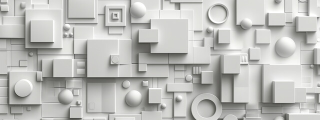 Monochrome digital art with 3d cubes and various other shapes,