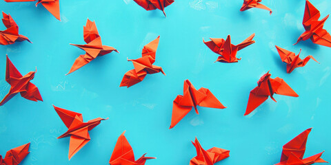Group of red origami birds floating in the air on a vibrant blue background with a clear blue sky