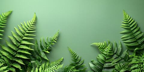 Green fern leaves on a green background, top view of fresh foliage, natural botanical flat lay with space for text, lush greenery concept