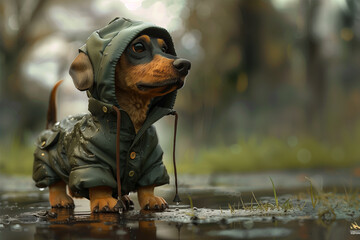 A charming dachshund puppy stands in a puddle on the sidewalk in a green raincoat against the background of a green hedge of the park. 