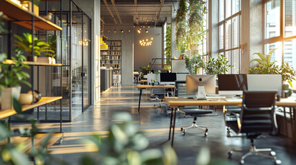 A visionary meeting where manufacturers and retailers discuss incentivizing designs for recyclability and compostability in a green office environment