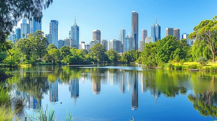 Vibrant cityscape reflected in calm river, creating a mesmerizing and captivating mirror effect