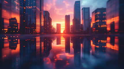 Minimalist urban skyline, with sleek skyscrapers reflecting the vibrant hues of a sunset, creating...