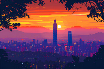 Taipei flat vector city skyline sunset Taiwan