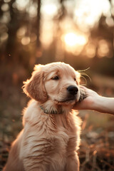 Obraz premium hand petting golden retriever puppy