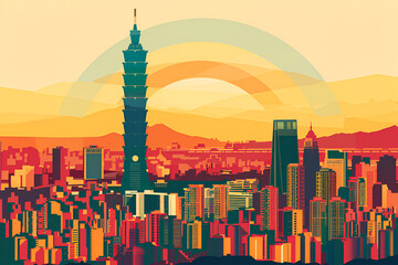 Naklejka premium Taipei flat vector city skyline sunset Taiwan