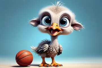 Naklejka premium cute sporty happy ostrich playing basketball