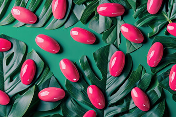 Pink nail polish and leaves on a green background Beauty product and nature concept, flat lay, top view