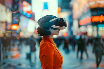 Shopping for Fashion Trends in Virtual Reality: A Futuristic Woman's Experience on a Busy Street. Concept Fashion Trends, Virtual Reality, Shopping Experience, Futuristic Woman, Busy Street