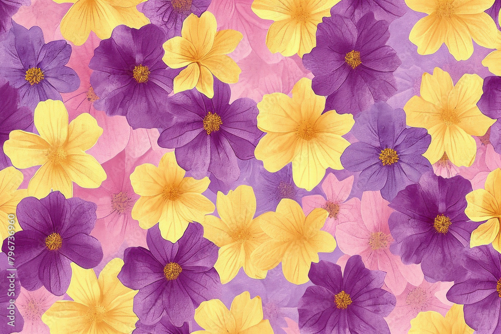 Wall mural Vibrant Purple and Yellow Flowers Seamless Pattern on Matching Background for Floral Design