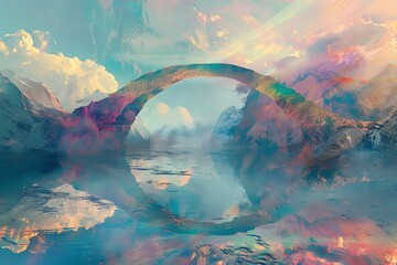 the enchanting vista of a bridge made of rainbows linking two ancient, mystical mountains 