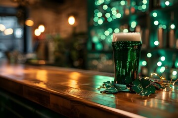 St Patrick's Day-themed beer bar counter with festive decorations and empty space for text. Concept St Patrick’s Day, Beer Bar, Festive Decorations, Empty Space for Text