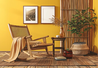 Beige and mustard yellow wall with two poster frames, wooden rocking chair, potted plants, woven side table in living room interior design