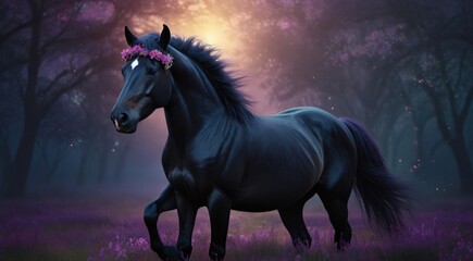 a black horse with a purple mane and a flower crown, beautiful horse, beautiful serene