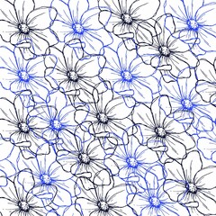 Seamless floral pattern with watercolor hand-draw blue and black flowers on the branches with painted with blots. Seamless floral Pattern design element 