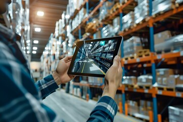 Using AR Tablet to Streamline Automated Retail Warehouse Operations. Concept AR Technology, Automated Warehouses, Retail Operations, Streamlining Processes