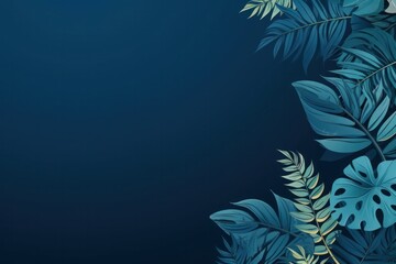 Tropical leaves frame foliage plant in blue color with space background