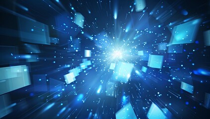 Obraz premium Abstract digital background with blue glowing squares and light rays, representing technology in futuristic concept. 