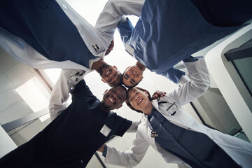 Doctors, circle and below in portrait for team, diversity or solidarity in medical career at...